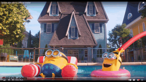 A Video Of Two Minions Floating In A Pool Is Titled Despicable Me 4 GIF