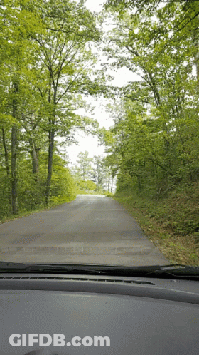 A View Of A Road Through A Car Windshield GIF