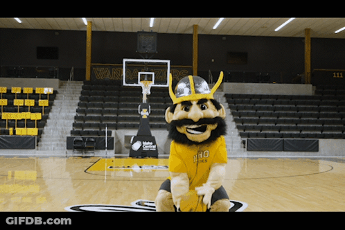 A Viking Mascot Sitting On A Basketball Court Wearing A Yellow Shirt That Says Valley Central GIF