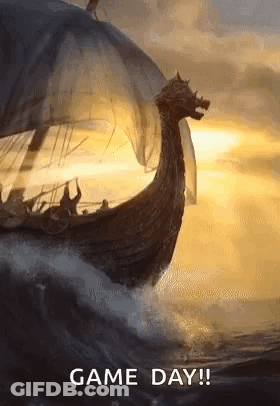 A Viking Ship In The Ocean With The Words Game Day Written On The Bottom GIF
