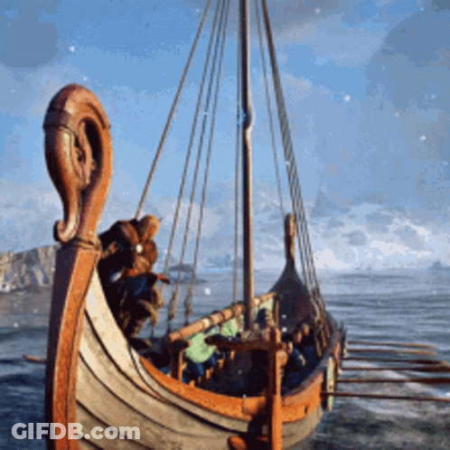 A Viking Ship Is Floating On The Water With A Man On The Back GIF