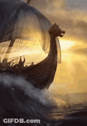 A Viking Ship With A Dragon Head Is Sailing Through The Ocean . GIF