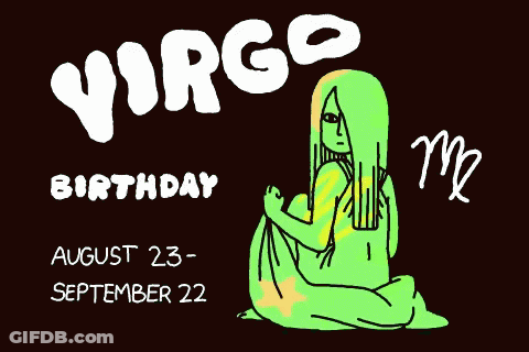 A Virgo Birthday Poster Shows A Woman In A Green Dress GIF