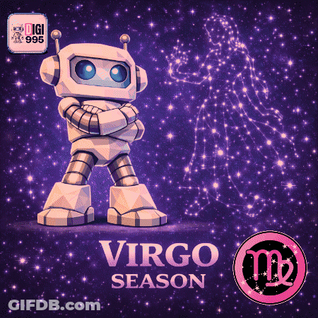A Virgo Season Poster With A Robot Standing On A Purple Background GIF