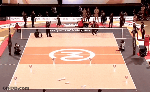 A Volleyball Court With The Letter M On The Floor GIF