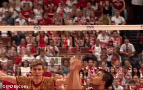 A Volleyball Game Is Being Played In Front Of A Crowd With A Banner That Says Rvc On It GIF