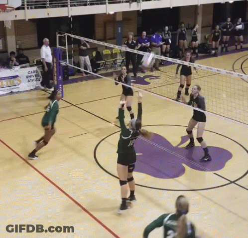 A Volleyball Game Is Being Played In Front Of A Sign That Says Carls University GIF