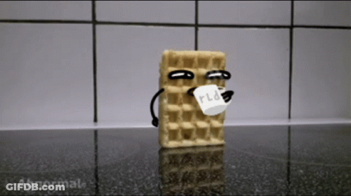 A Waffle With Arms And Legs Is Holding A Piece Of Paper With The Word Rid On It GIF