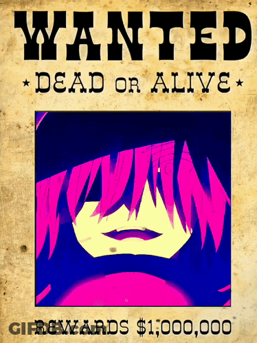 A Wanted Poster For A Person With Pink Hair And Rewards Of $ 1,000,000 GIF