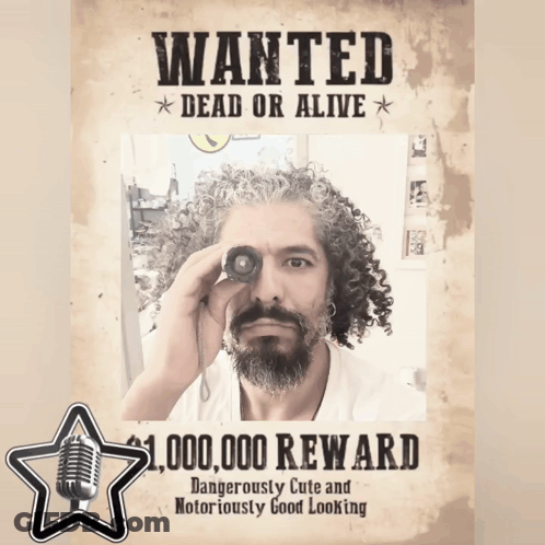 A Wanted Poster Shows A Man With Curly Hair Looking Through A Telescope GIF