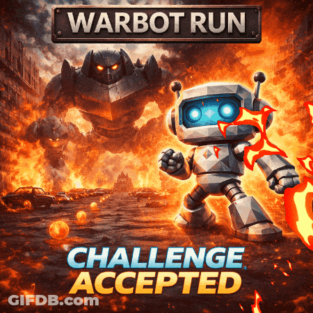 A Warbot Run Challenge Accepted Poster With A Robot Holding A Sword GIF