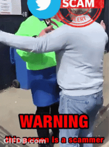 A Warning Sign That Says This Person Is A Scammer On It GIF