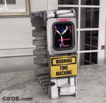 A Warning Time Machine Is Sitting On A Marble Counter GIF