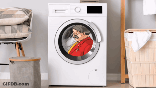 A Washing Machine With A Cartoon Of A Man In A Red Jacket On The Door GIF