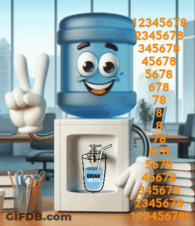 A Water Cooler With A Face And A Drinking Glass Of Water GIF