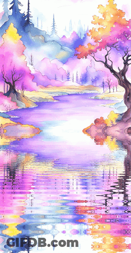 A Watercolor Painting Of A Lake With Trees In The Background GIF