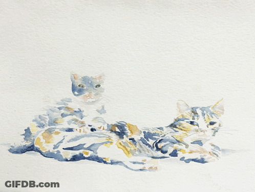 A Watercolor Painting Of Two Cats Laying Down On A White Surface GIF