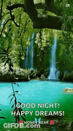 A Waterfall In The Middle Of A Forest With The Words Good Night ! Happy Dreams ! GIF