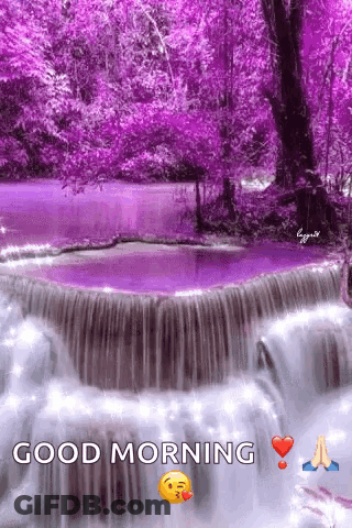 A Waterfall In The Middle Of A Purple Forest With A Good Morning Message . GIF