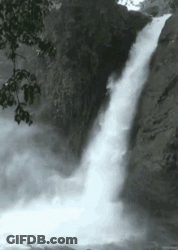 A Waterfall Is Coming Down A Cliff In The Woods . GIF