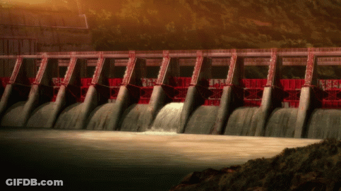 A Waterfall Is Coming Down The Side Of A Dam With Chinese Writing On It GIF