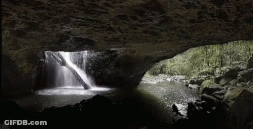 A Waterfall Is Coming Out Of A Cave In The Woods GIF
