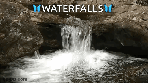 A Waterfall Is Surrounded By Rocks And Has The Words Waterfalls Written On It GIF