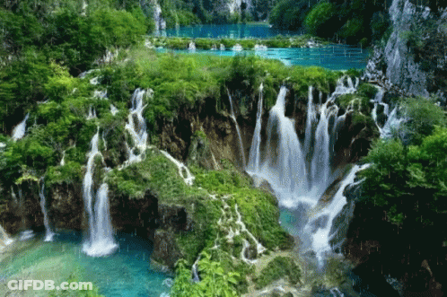 A Waterfall Is Surrounded By Trees And A Lake GIF