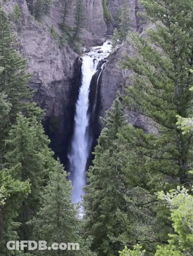 A Waterfall Is Surrounded By Trees And Cliffs GIF