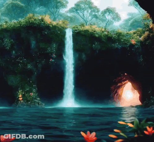 A Waterfall Is Surrounded By Trees And Flowers In A Dark Forest GIF