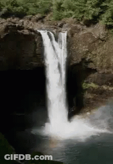 A Waterfall Is Surrounded By Trees And Rocks In The Woods GIF