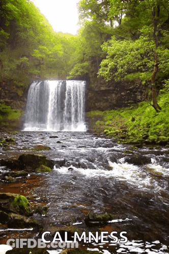 A Waterfall Is Surrounded By Trees And The Word Calmness Is On The Bottom GIF
