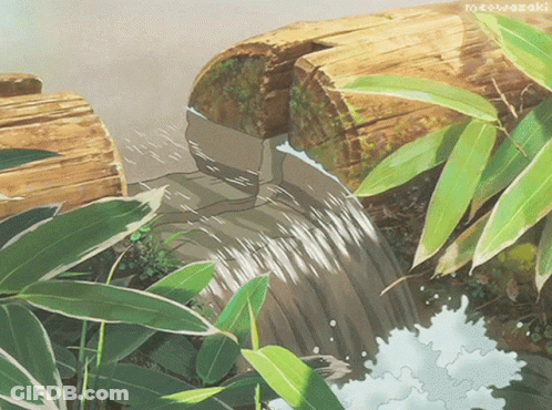 A Waterfall Surrounded By Plants And A Watermark That Says Mesuwasaki GIF