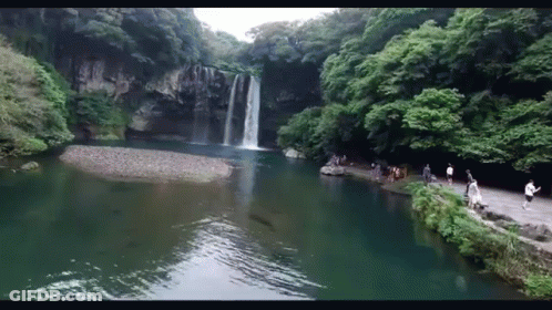 A Waterfall Surrounded By Trees And A Lake GIF