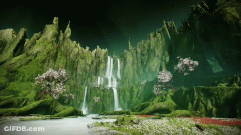 A Waterfall Surrounded By Trees And Flowers In A Forest GIF