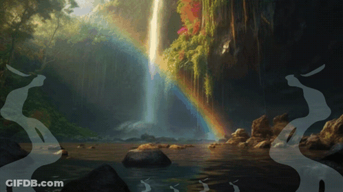 A Waterfall With A Rainbow In The Background GIF