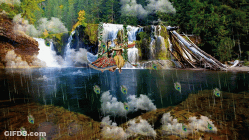 A Waterfall With Peacock Feathers Floating In The Water GIF