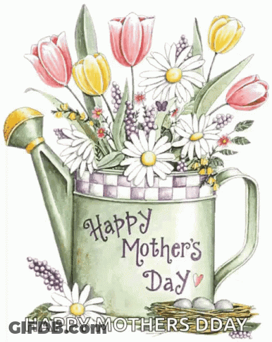 A Watering Can Full Of Flowers With The Words Happy Mother 'S Day Written On It GIF