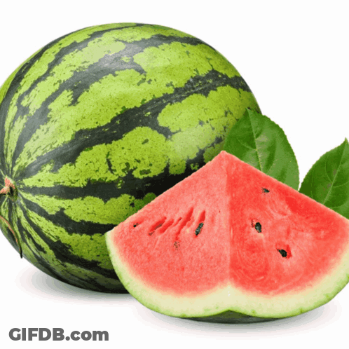 A Watermelon Next To A Slice Of Watermelon With Green Leaves GIF