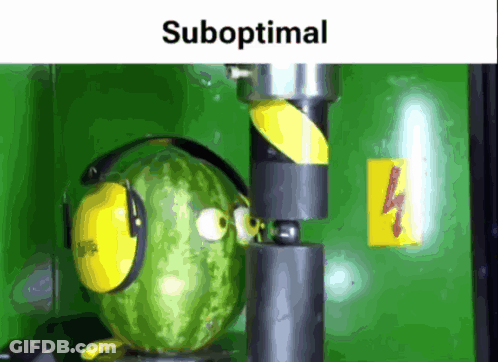 A Watermelon Wearing Ear Protectors Is Being Tested By A Machine And The Word Suboptimal Is Above It GIF