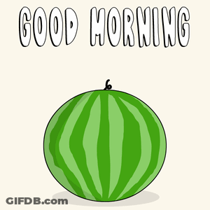 A Watermelon With A Penguin Inside Of It And The Words Good Morning Written Above It GIF