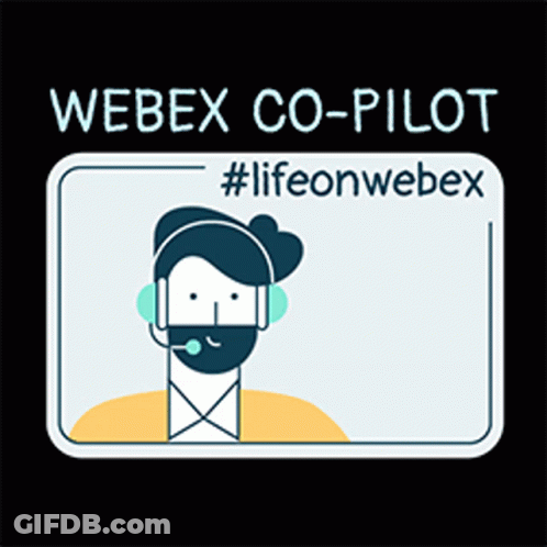 A Webex Co-Pilot Badge With A Man And A Cat On It GIF