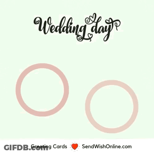 A Wedding Day Greeting Card With Two Wedding Rings And Two Pink Hearts GIF