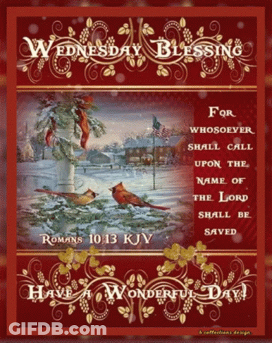 A Wednesday Blessing From Romans 10:13 Kjv With Cardinals In The Snow GIF