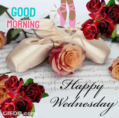 A Wednesday Greeting Card With A Ballerina And Roses GIF