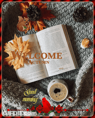 A Welcome Autumn Greeting Card With A Book And Coffee GIF