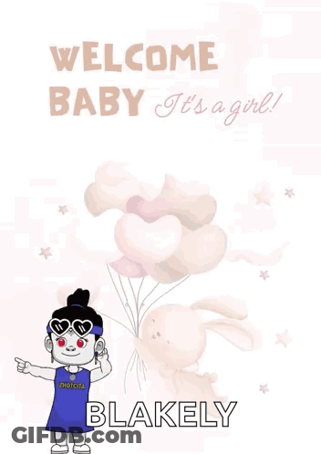 A Welcome Baby Greeting Card With A Girl Holding Balloons And A Bunny GIF
