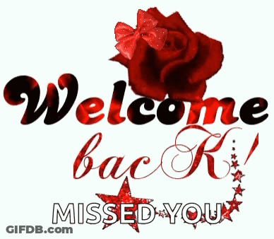 A Welcome Back Message With A Red Rose And A Bow GIF