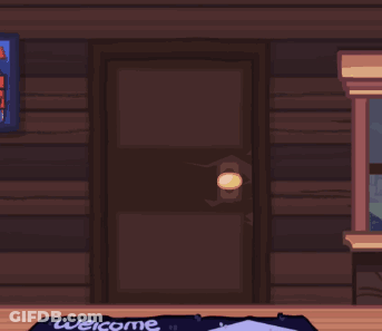 A Welcome Home Mat Is On The Floor In Front Of A Blue House GIF