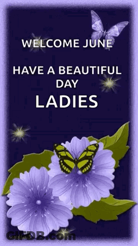 A Welcome June Card With Purple Flowers And A Butterfly GIF